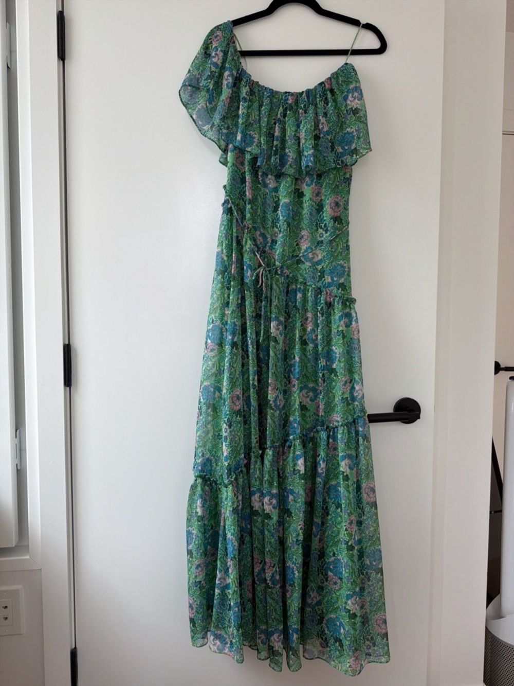 Mango Green Floral One-Shoulder Ruffle Maxi Dress